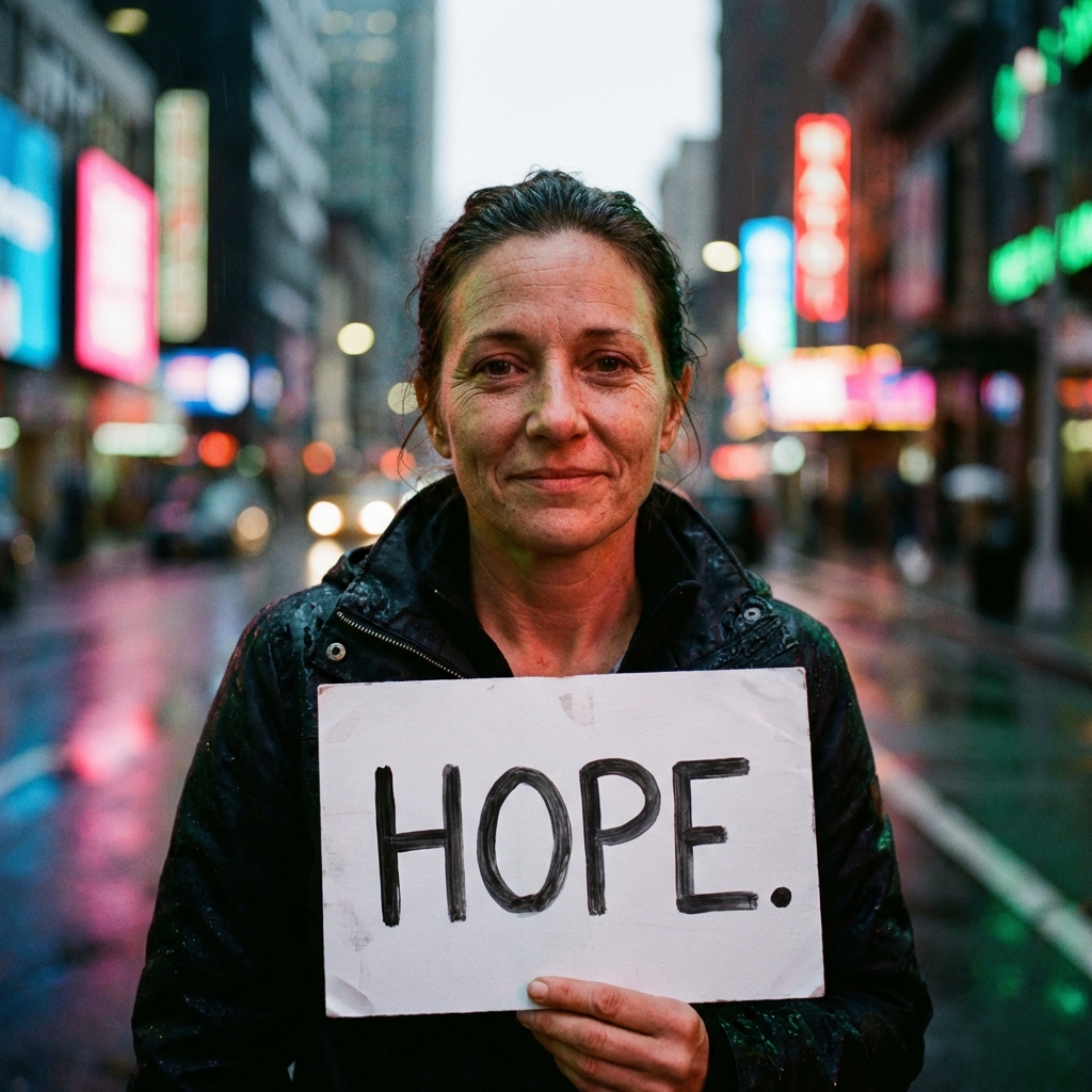 ZImage AI generated example showing photorealistic woman holding a sign with accurate text rendering